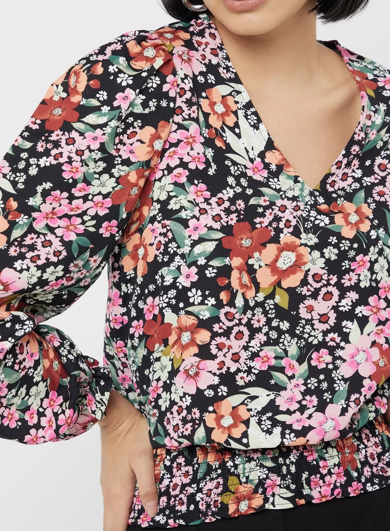 DOROTHY PERKINS V-Neck Puff Sleeve Floral Top