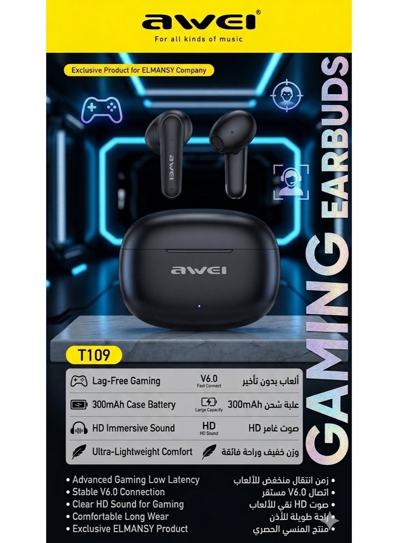 Awei T109 True Wireless Gaming Earbuds - Black Edition, Low Latency, 400mAh Case, HD Sound & Comfy (Exclusive ELMANSY)