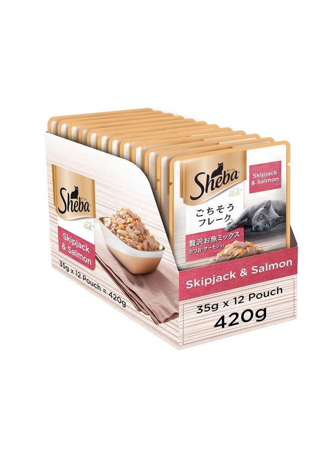 Sheba Rich Premium Adult (1+ Years) Wet Cat Food, Skipjack & Salmon Flavour, 35 G Pouch (Pack Of 12), High-Moisture Wet Food For Healthy Hydration