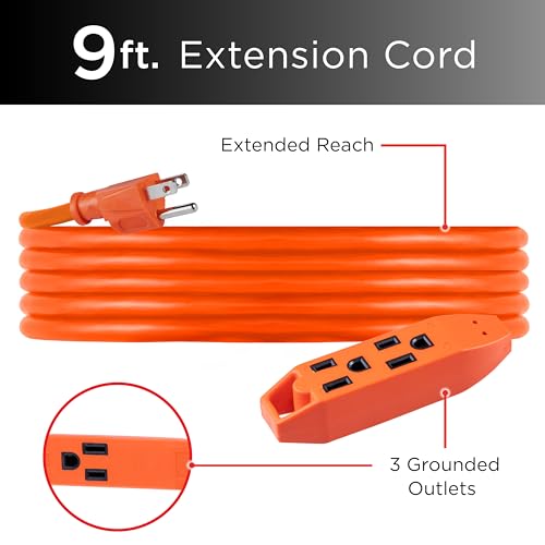 UltraPro 9 Ft Outdoor Extension Cord 3 Outlet Power Strip Short Extension Cord with Multiple Outlets Grounded Heavy Duty Power Cord 16 Gauge ETL Listed Orange 51927 - Image 2