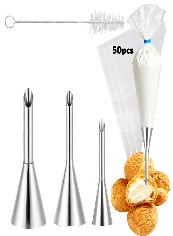 Penitue 3pcs Puff Cream Filling Piping Tip Kit, Long Stainless Steel Piping Nozzle with 50 Pastry Bags Single Use & Cleaning Brush Cake Filler Injector Decorating Tool Set for Donut Cupcake Ice Cream Dessert - Image 1