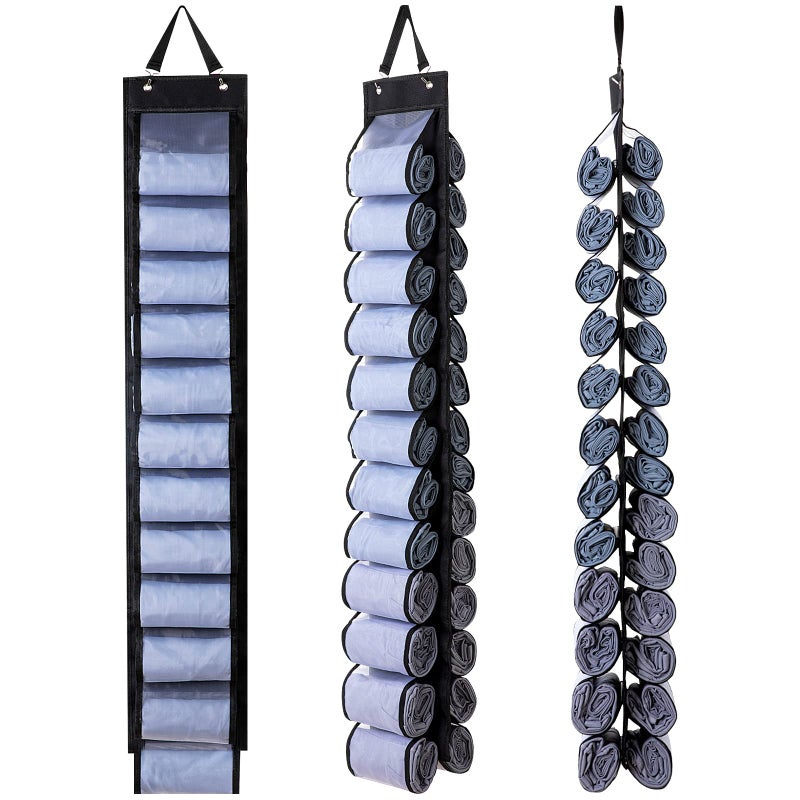 DHSFKBE Legging Organizer, Foldable Hanging Closet Organizer with 26 Roll Compartments for Yoga Clothes, Pants, Shirts (Black) - Image 1