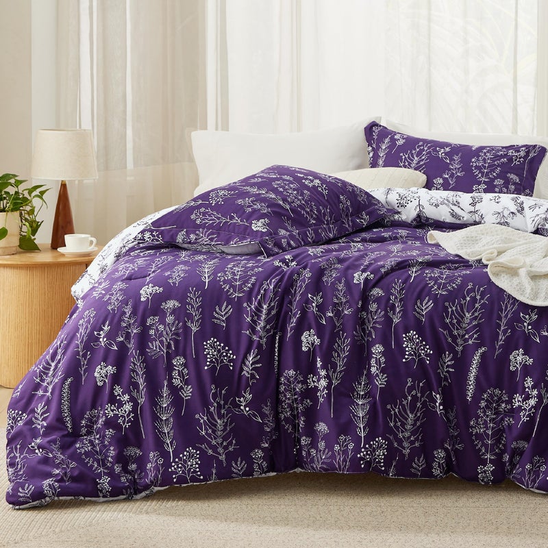 Bedsure Full Comforter Set  Dark Purple Bed Set 3 Pieces Cute Floral Bedding 1 Soft Reversible Botanical Flowers Comforter and 2 Pillow Shams