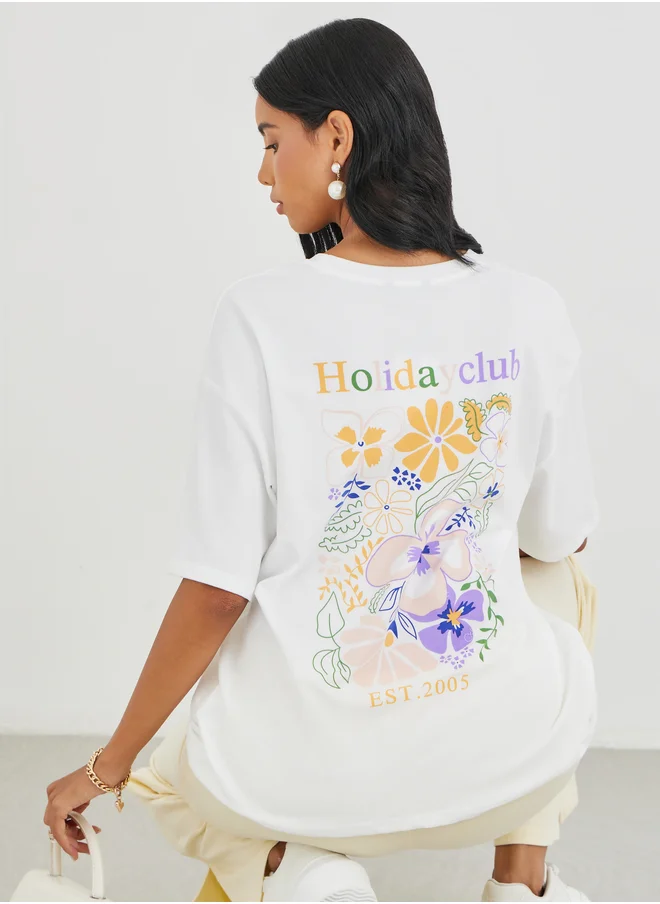 تايك تو Take Two Graphic Print Round Neck Oversized T-Shirt