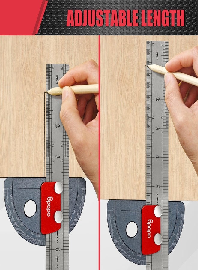 بي بوبو منقلة زاوية من الفولاذ المقاوم للصدأ - أداة تحديد زاوية دقيقة 0°-180° لتحديد الزاوية، وكاتب خط مستقيم، وأدوات قياس زاوية النجارة، مع مسطرة متضمنة - Image 2