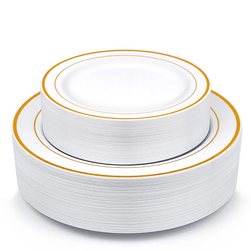 Gold Plastic Plates MCIRCO 100 Pieces Disposable Party Plates for Weddings Premium Gold Rim Plates Include 50 1025 Inch Dinner Plates and 50 75 Inch Dessert Appetizer Plates