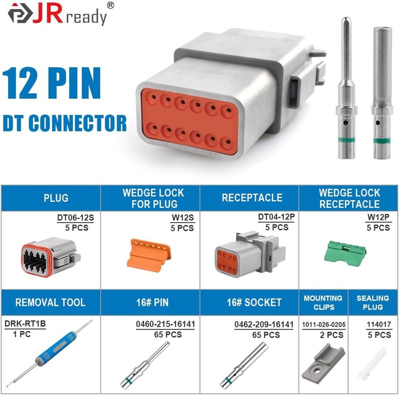 JRready Deutsch Connector 12 Pin Connector Kits with Size 16 Solid Contacts(14-20AWG), ST6328-12 DT Series Waterproof Connector 12 Pin 5 Sets and Deutsch Pin Removal Tool DRK-RT1B with Mounting Clips - Image 2