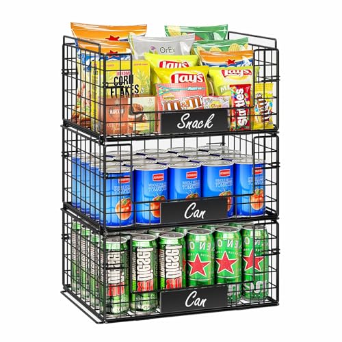 JKsmart 3 Pack XXL Stackable Wire Baskets with Handles for Pantry Storage and Organization, Fruit and Vegetable Basket with Name Plates, Metal Storage Bins for Snack Can Fruit Veggies, XXL - Image 1