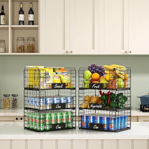 JKsmart 3 Pack XXL Stackable Wire Baskets with Handles for Pantry Storage and Organization, Fruit and Vegetable Basket with Name Plates, Metal Storage Bins for Snack Can Fruit Veggies, XXL - Image 3