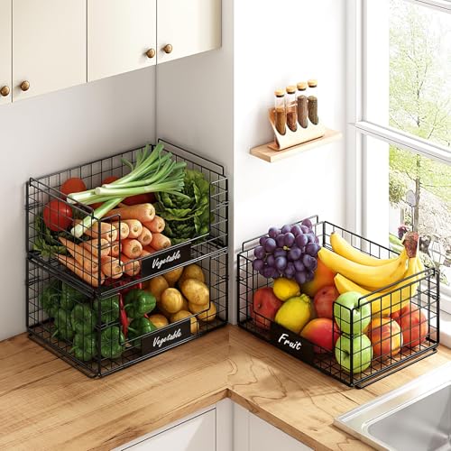 JKsmart 3 Pack XXL Stackable Wire Baskets with Handles for Pantry Storage and Organization, Fruit and Vegetable Basket with Name Plates, Metal Storage Bins for Snack Can Fruit Veggies, XXL - Image 4