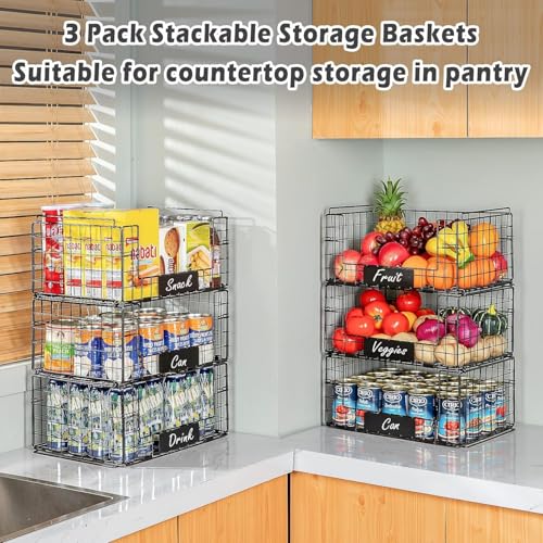 JKsmart 3 Pack XXL Stackable Wire Baskets with Handles for Pantry Storage and Organization, Fruit and Vegetable Basket with Name Plates, Metal Storage Bins for Snack Can Fruit Veggies, XXL - Image 5