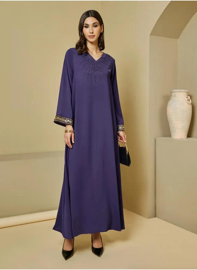 Styli Crepe Textured Embellished V Neck Jalabiya