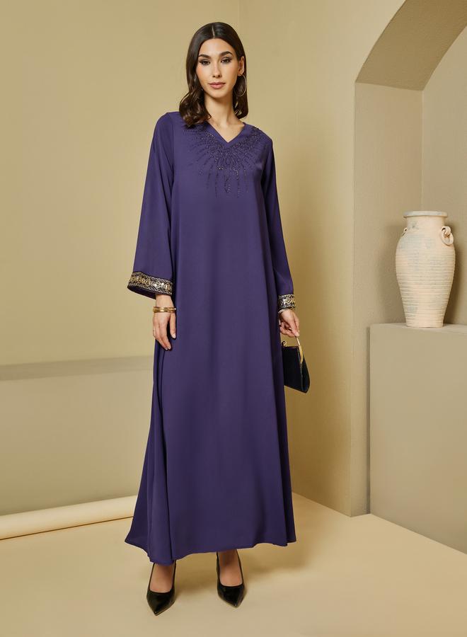 Styli Crepe Textured Embellished V Neck Jalabiya - Image 1