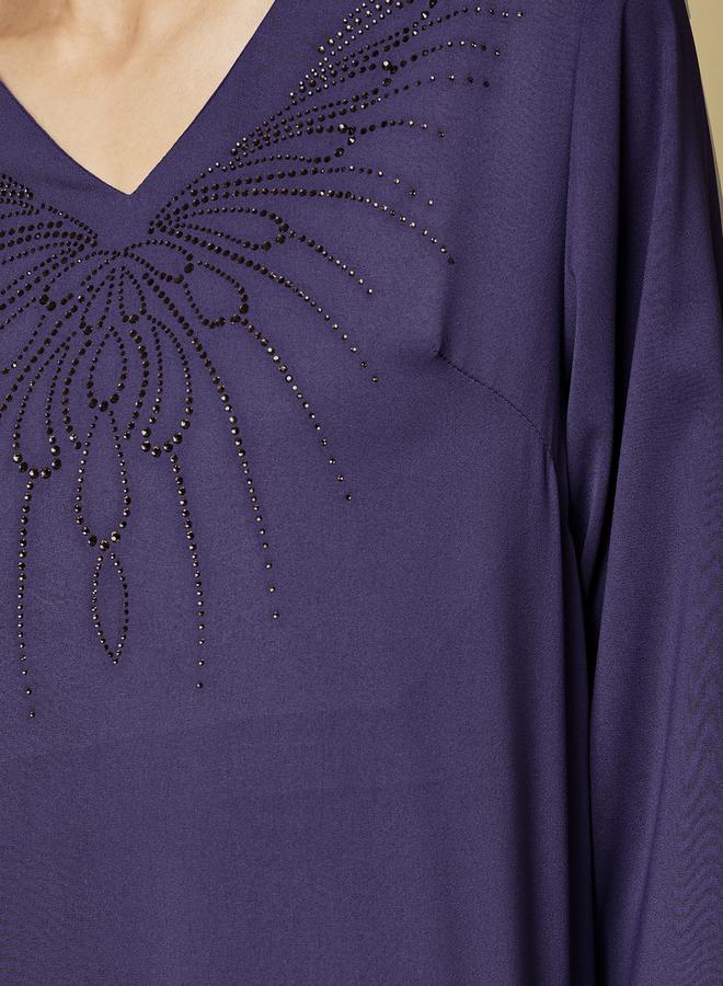 Styli Crepe Textured Embellished V Neck Jalabiya - Image 4