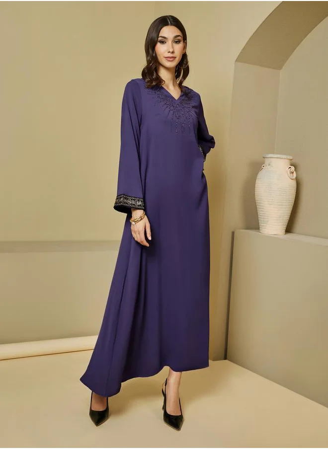 Styli Crepe Textured Embellished V Neck Jalabiya