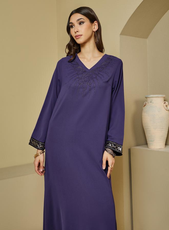 Styli Crepe Textured Embellished V Neck Jalabiya - Image 3