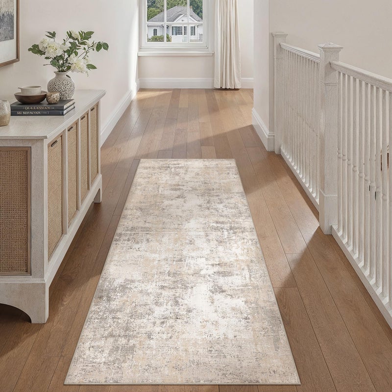 WondRg 2x6 Washable Runner Rug Beige Grey Abstract Hallway Kitchen Throw Rug Neutral Modern Non Slip Soft Low Pile Carpet for Bathroom Laundry Bedroom Living Room - Image 5