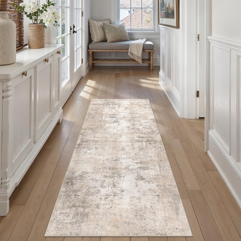 WondRg 2x6 Washable Runner Rug Beige Grey Abstract Hallway Kitchen Throw Rug Neutral Modern Non Slip Soft Low Pile Carpet for Bathroom Laundry Bedroom Living Room - Image 1