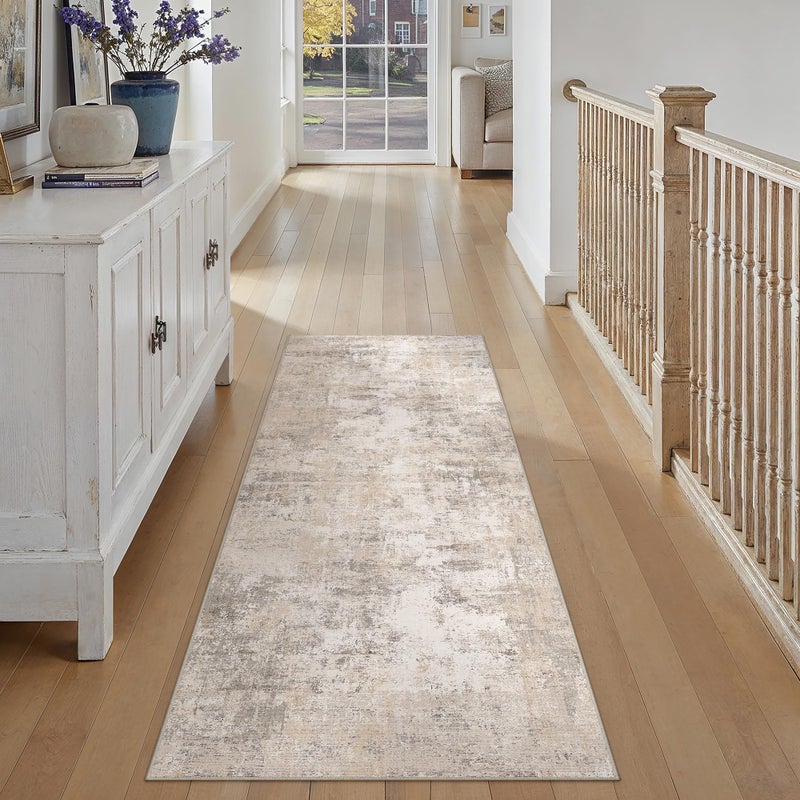 WondRg 2x6 Washable Runner Rug Beige Grey Abstract Hallway Kitchen Throw Rug Neutral Modern Non Slip Soft Low Pile Carpet for Bathroom Laundry Bedroom Living Room - Image 4