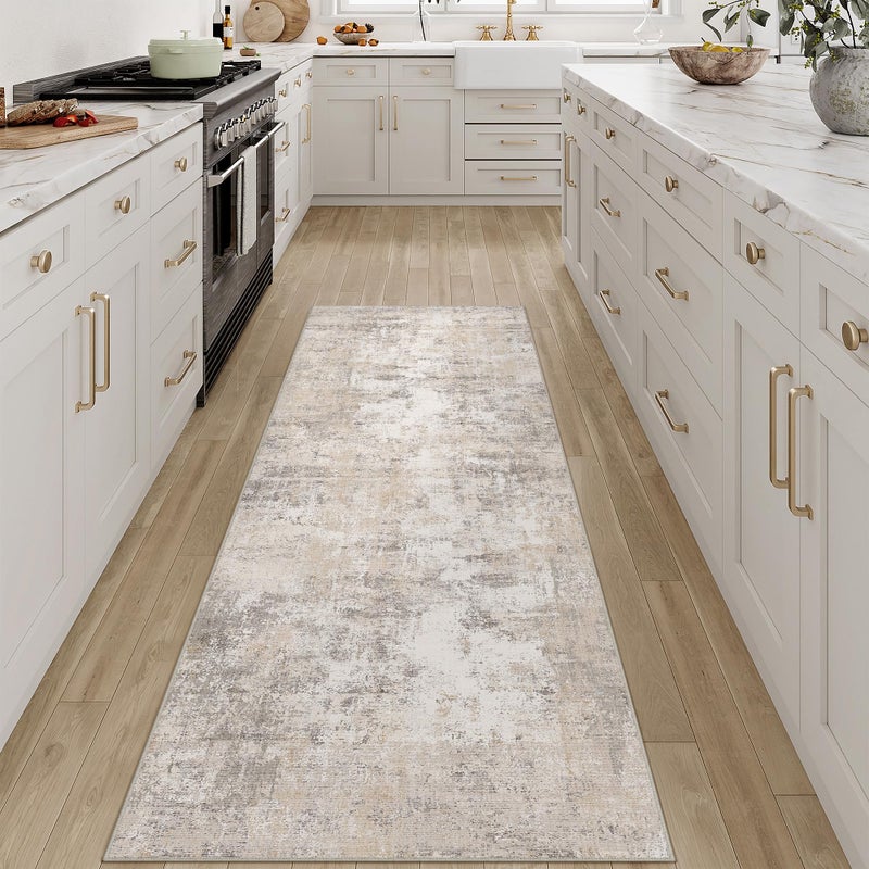 WondRg 2x6 Washable Runner Rug Beige Grey Abstract Hallway Kitchen Throw Rug Neutral Modern Non Slip Soft Low Pile Carpet for Bathroom Laundry Bedroom Living Room - Image 3
