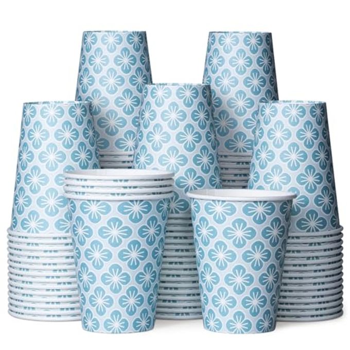 MATICAN Disposable Coffee Cups, 100-Pack 12-oz Bulk Paper Cups for Hot or Cold Drinks, Plum Blossom Harmony Cups for Office, Parties, and To-Go Use (No Lids) - Image 1