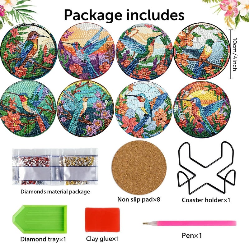 mrpwnle 8 PCS Diamond Painting Art Coaster Set with Holder Diamond Art Coasters DIY Hummingbird Diamond Painting Coaster Kit for Adults Beginners Bird Diamond Art Coasters Crafts Supplies - Image 2