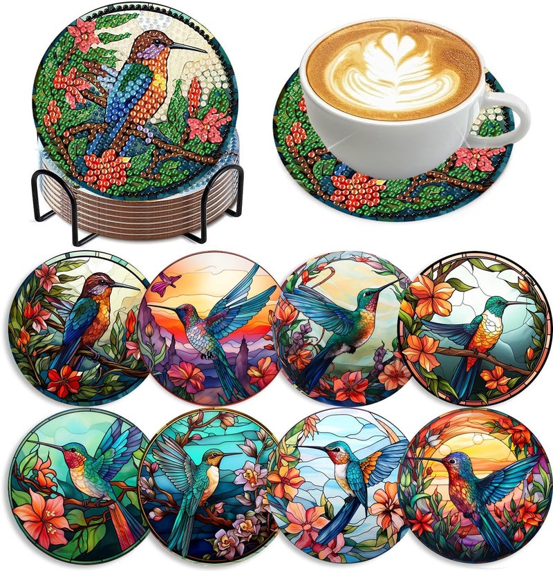 mrpwnle 8 PCS Diamond Painting Art Coaster Set with Holder Diamond Art Coasters DIY Hummingbird Diamond Painting Coaster Kit for Adults Beginners Bird Diamond Art Coasters Crafts Supplies - Image 1