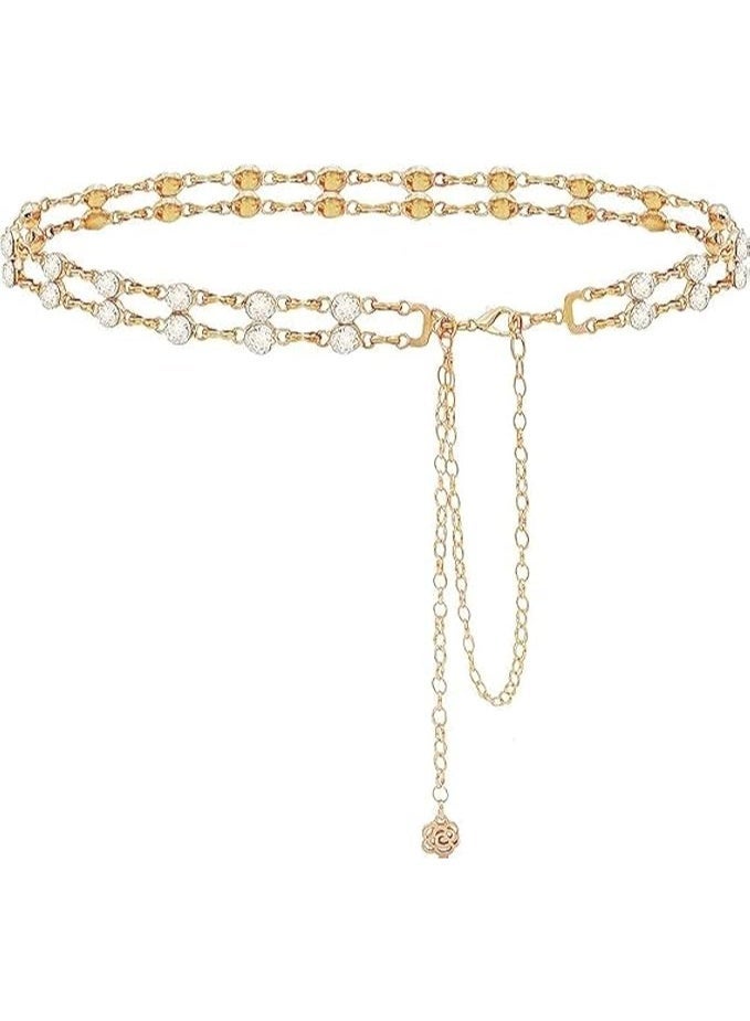 Rhinestone Chain Belts, Crystal Double Layered Waist Chain for Women Girls, Adjustable Waist Chain for Dresses Jeans - Image 1