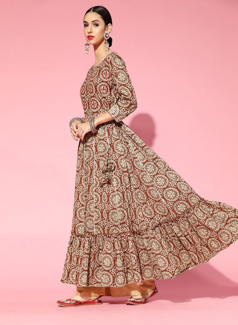 ISHIN Women's Brown 100% Cotton Floral Regular Fit Kurta - Image 3