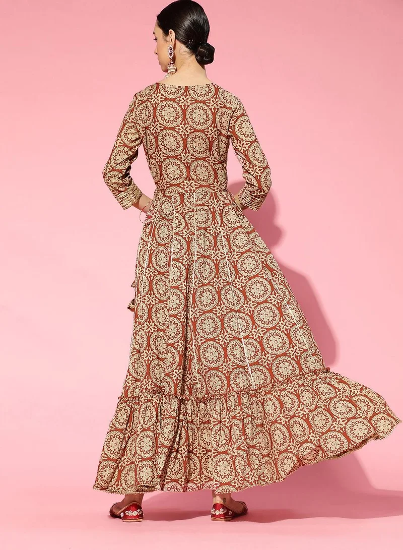 ISHIN Women's Brown 100% Cotton Floral Regular Fit Kurta