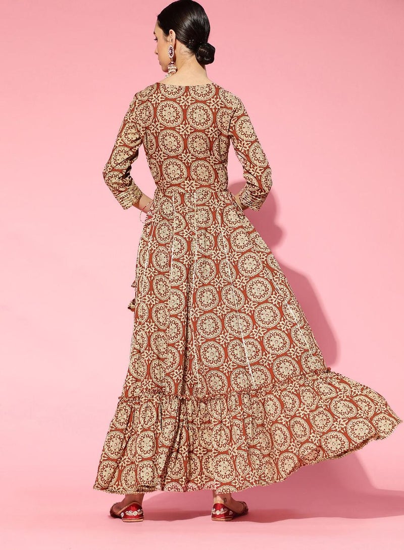 ISHIN Women's Brown 100% Cotton Floral Regular Fit Kurta - Image 5
