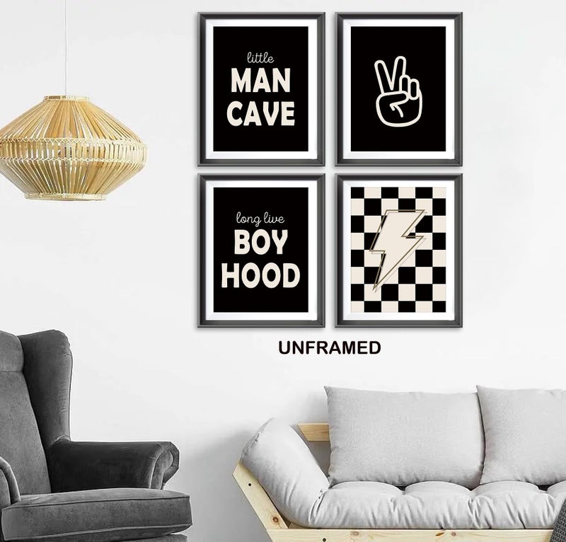 AEHIE Little Man Cave Retro Preppy Checkered Lightning Peace Sign Long Live Boyhood Poster Prints for Boy Teen Room Decor Preppy Decorations Prints Wall Art Unframed 4pcs 12x16inches Teen Boys Gifts(black) - Image 2