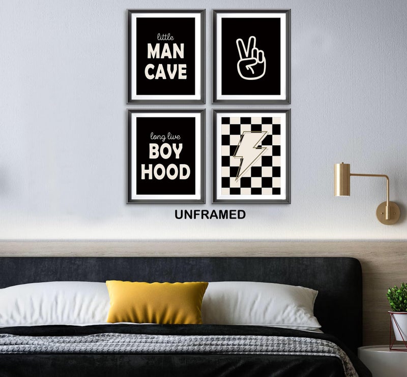 AEHIE Little Man Cave Retro Preppy Checkered Lightning Peace Sign Long Live Boyhood Poster Prints for Boy Teen Room Decor Preppy Decorations Prints Wall Art Unframed 4pcs 12x16inches Teen Boys Gifts(black) - Image 4