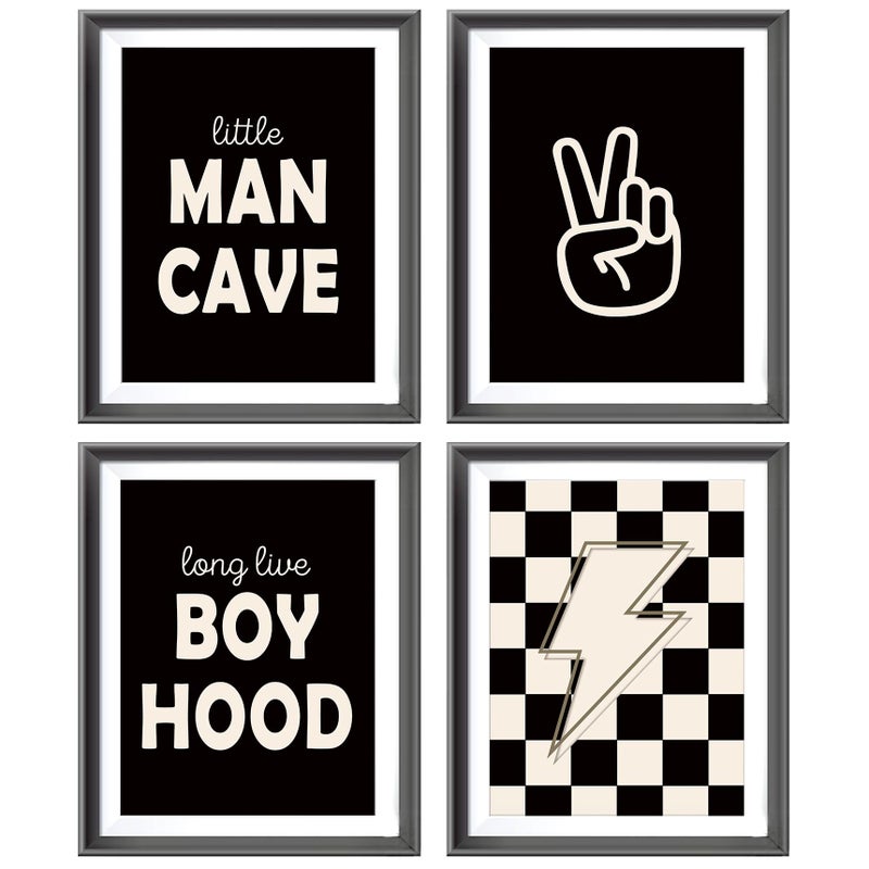 AEHIE Little Man Cave Retro Preppy Checkered Lightning Peace Sign Long Live Boyhood Poster Prints for Boy Teen Room Decor Preppy Decorations Prints Wall Art Unframed 4pcs 12x16inches Teen Boys Gifts(black) - Image 1