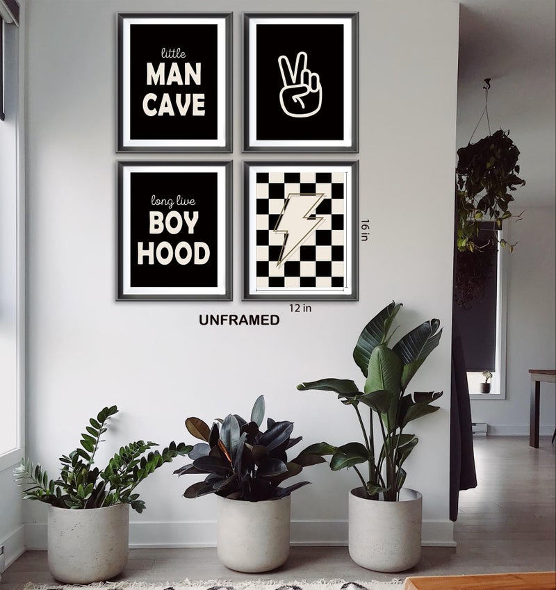 AEHIE Little Man Cave Retro Preppy Checkered Lightning Peace Sign Long Live Boyhood Poster Prints for Boy Teen Room Decor Preppy Decorations Prints Wall Art Unframed 4pcs 12x16inches Teen Boys Gifts(black) - Image 3