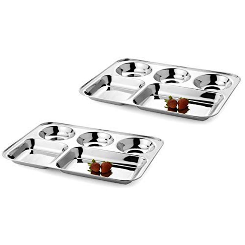 IDEAL PRIME Heavy Guage Stainless Steel Dinner Plate 5 in 1 | Steel Khand Thali Bhojan Thali Tableware Combo Set Pack of 2 - Image 1
