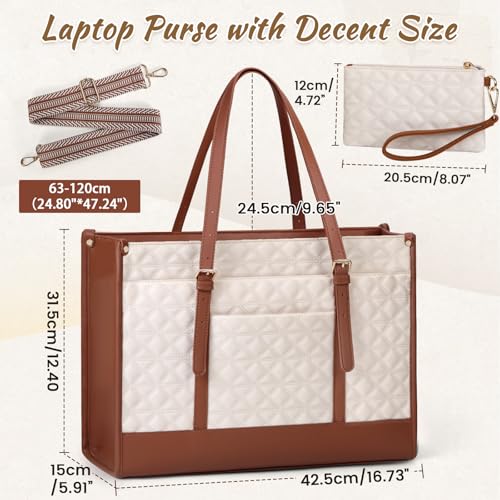 IGOLUMON Laptop Bag for Women 15.6 Inch Vegan Leather Work Tote Bag Quilted Womens Briefcase Designer Laptop Bags for Office Teacher College Cute Computer Bag with Purse Professional Beige & Brown - Image 5