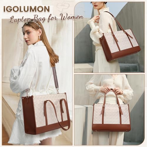 IGOLUMON Laptop Bag for Women 15.6 Inch Vegan Leather Work Tote Bag Quilted Womens Briefcase Designer Laptop Bags for Office Teacher College Cute Computer Bag with Purse Professional Beige & Brown - Image 3