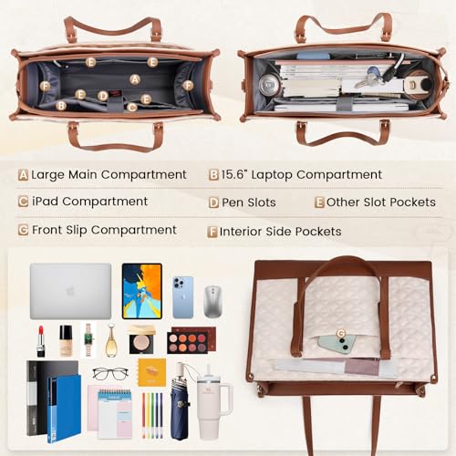 IGOLUMON Laptop Bag for Women 15.6 Inch Vegan Leather Work Tote Bag Quilted Womens Briefcase Designer Laptop Bags for Office Teacher College Cute Computer Bag with Purse Professional Beige & Brown - Image 2