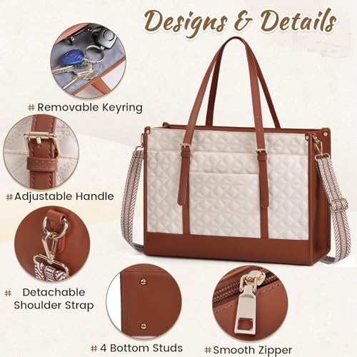 IGOLUMON Laptop Bag for Women 15.6 Inch Vegan Leather Work Tote Bag Quilted Womens Briefcase Designer Laptop Bags for Office Teacher College Cute Computer Bag with Purse Professional Beige & Brown - Image 4