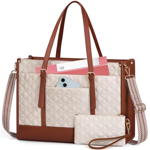 IGOLUMON Laptop Bag for Women 15.6 Inch Vegan Leather Work Tote Bag Quilted Womens Briefcase Designer Laptop Bags for Office Teacher College Cute Computer Bag with Purse Professional Beige & Brown - Image 1