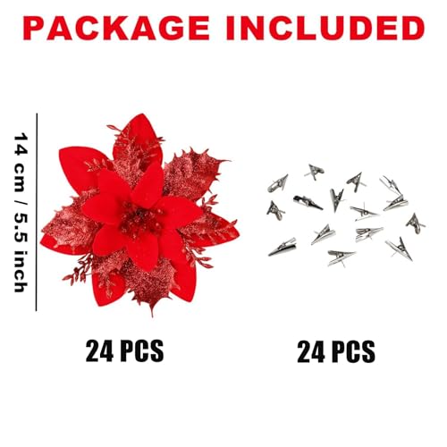BAOTUJIA 24Pcs Red Christmas Poinsettias Flowers Decoration Artificial Flowers for Christmas Tree Ornaments Suitable for Home Christmas Decorations Xmas Tree Decorations Items Wreath Making - Image 2