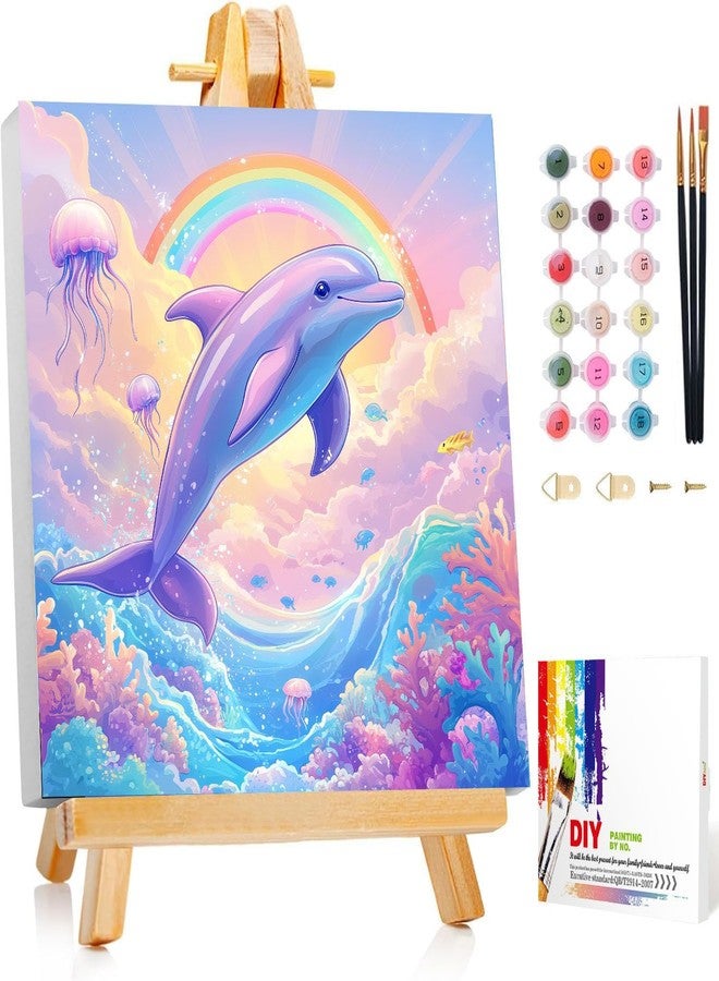 HITO Dolphin Paint by Numbers Kit for Kids with Frame Easel - Animal Paint by Number for Kids Age 6-8-12, Mini Painting by Number for Gift Home Wall Decor(8x8 inch) - Image 1