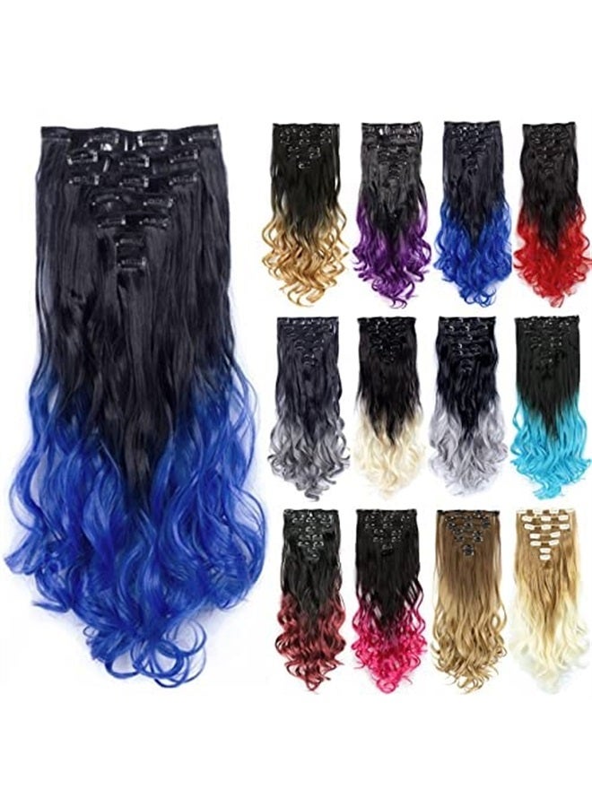 IMISSU 7PCS Set Long Curly Clip in Hair Extension Ombre Color Full Head Hair Extensions Hairpiece for Girl (Ombre Blue) - Image 1