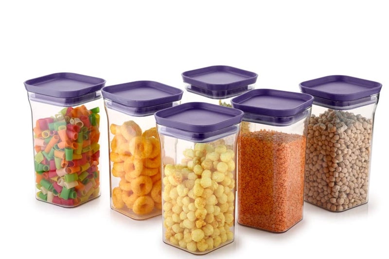 Homeor Plastic Storage Jar and Container Set I Air Tight & BPA Free Stackable Containers for Kitchen Storage Set I Grocery Kitchen Container Set I Multipurpose Kitchen Jar, 1100 Ml Each, Set 6, Purple - Image 1