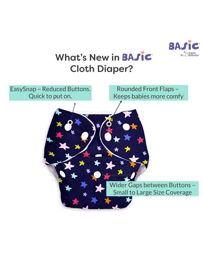 Superbottoms Basic Pack Of 7 Freesize Adjustable Washable And Reusable Cloth Diaper For Babies 0 3 Years ; One Size Adjustable Diapers (Pack Of 7 Diapers+ 7 Inserts) Assorted Prints - Image 3