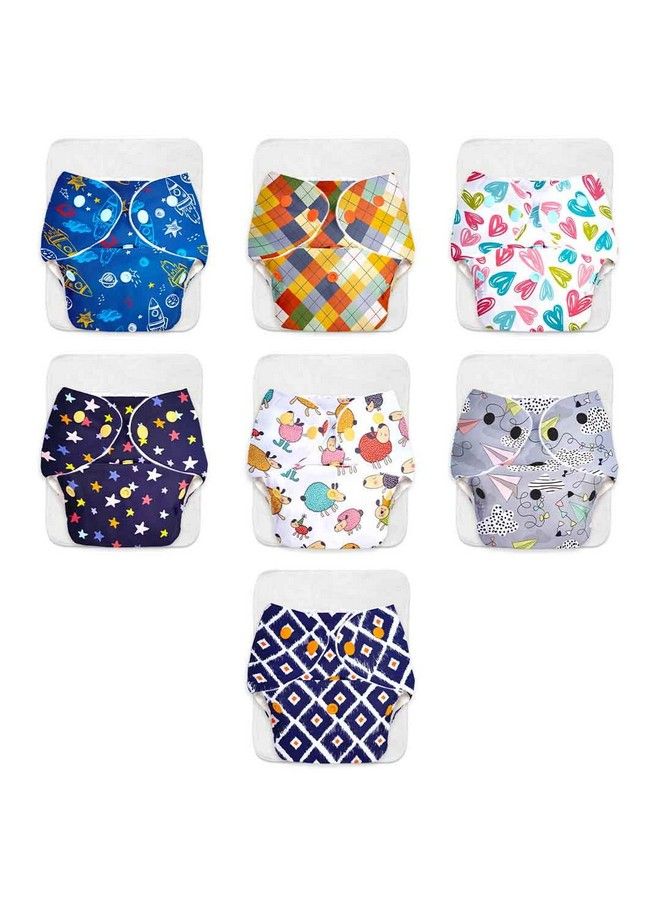 Superbottoms Basic Pack Of 7 Freesize Adjustable Washable And Reusable Cloth Diaper For Babies 0 3 Years ; One Size Adjustable Diapers (Pack Of 7 Diapers+ 7 Inserts) Assorted Prints - Image 1