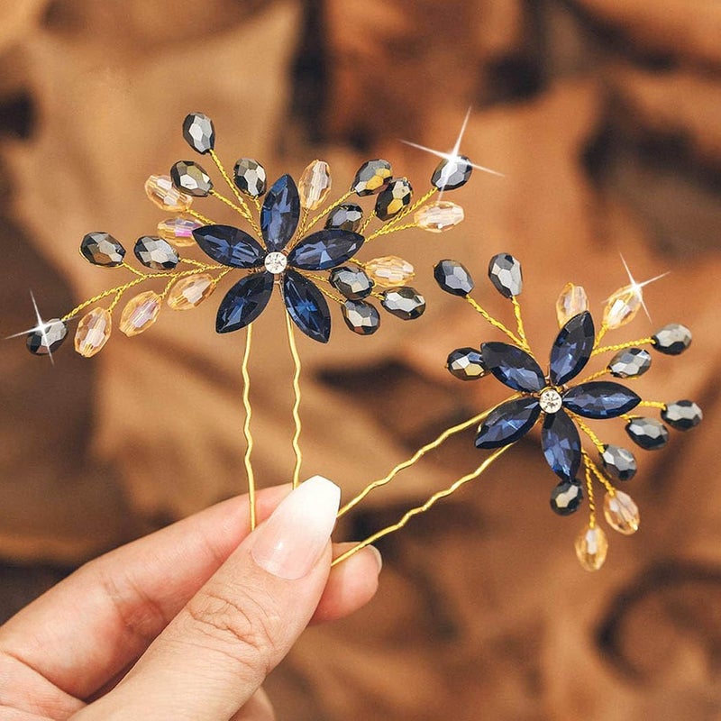 IYOU Rhinsetone Wedding Hair Pins Navy Blue Flower Head Piece Crystal Baroque Bridesmaid Prom Hair Accessories for WomenPack of 2