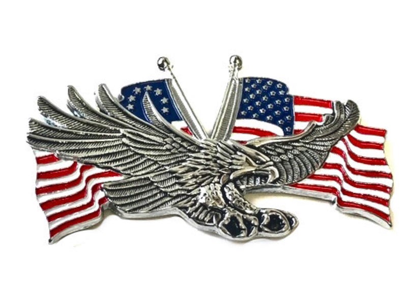 285 X 175 inch Eagle USA Metal Medallion Harley Sportster Sissy Bar Backrest Davidson Bobber Chopper Emblem Logo Stick On 3M Decal Sticker Biker Motorcycle Pewter Chrome Red White Blue Flags USA