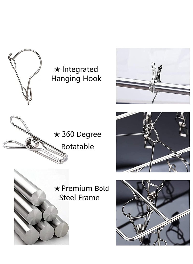 SOLARAE Stainless Steel Sock Drying Rack, Laundry Pegs with 36pcs Swivel Hook Wind-proof Clothes Hanging Rack Metal Clothespins Rectangle for Socks, Underwear, Shoe Insoles, Baby Clothes, Gloves - Image 2